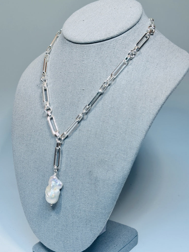 SILVER PAPER CLIP CHAIN AND FRESH WATER PEARL DROP NECKLACE LCN2019
