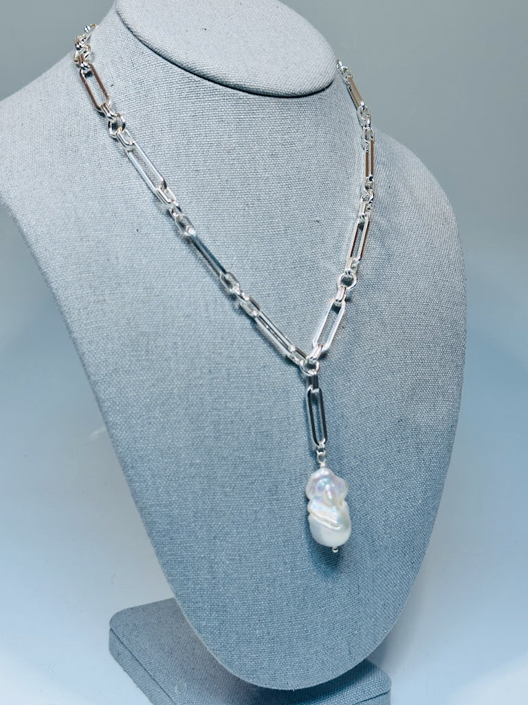 SILVER PAPER CLIP CHAIN AND FRESH WATER PEARL DROP NECKLACE LCN2019