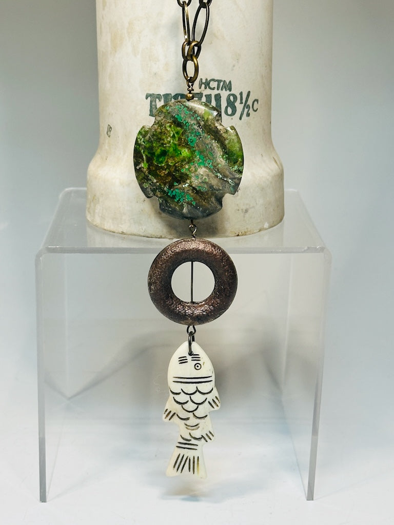 MIXED MEDIA ADJUSTABLE STATEMENT NECKLACE WITH BRASS, LEATHER, TURQUOISE AND CARVED FISH LCN2021