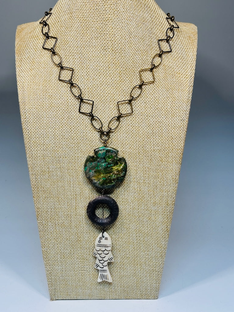 MIXED MEDIA ADJUSTABLE STATEMENT NECKLACE WITH BRASS, LEATHER, TURQUOISE AND CARVED FISH LCN2021
