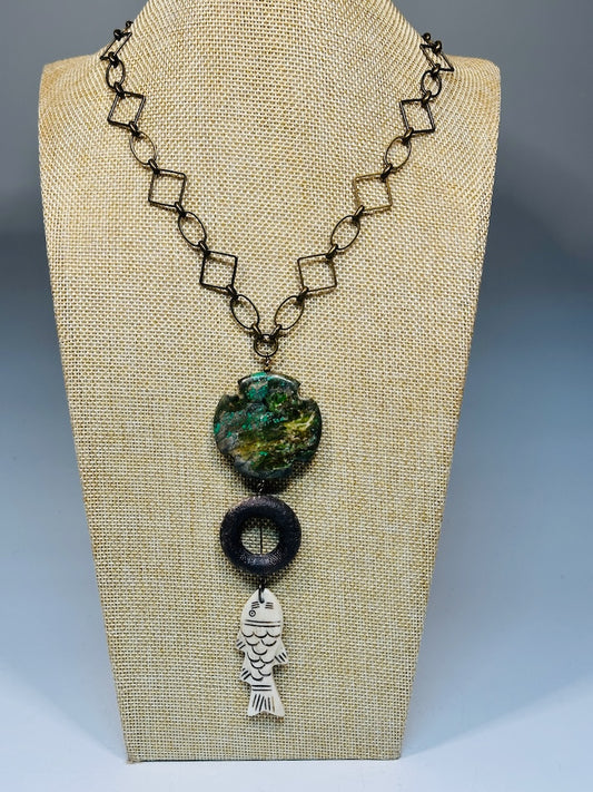 MIXED MEDIA ADJUSTABLE STATEMENT NECKLACE WITH BRASS, LEATHER, TURQUOISE AND CARVED FISH LCN2021