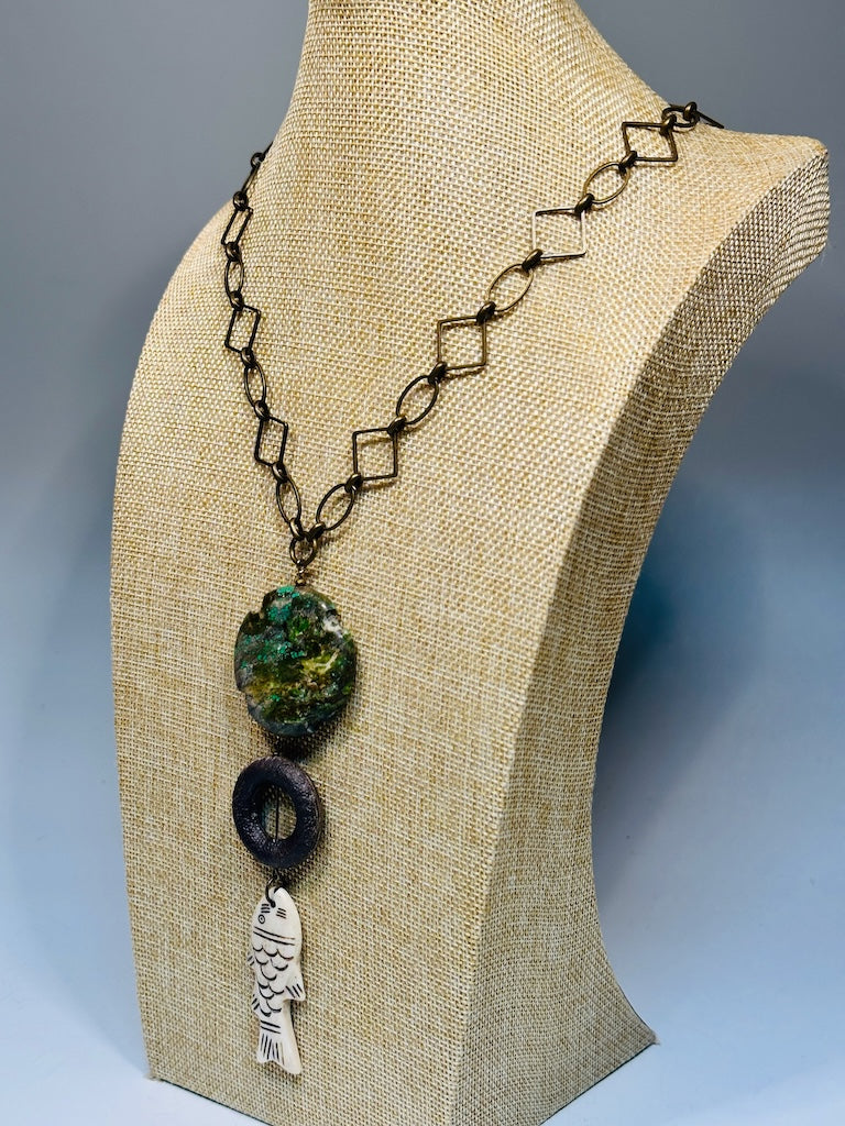 MIXED MEDIA ADJUSTABLE STATEMENT NECKLACE WITH BRASS, LEATHER, TURQUOISE AND CARVED FISH LCN2021