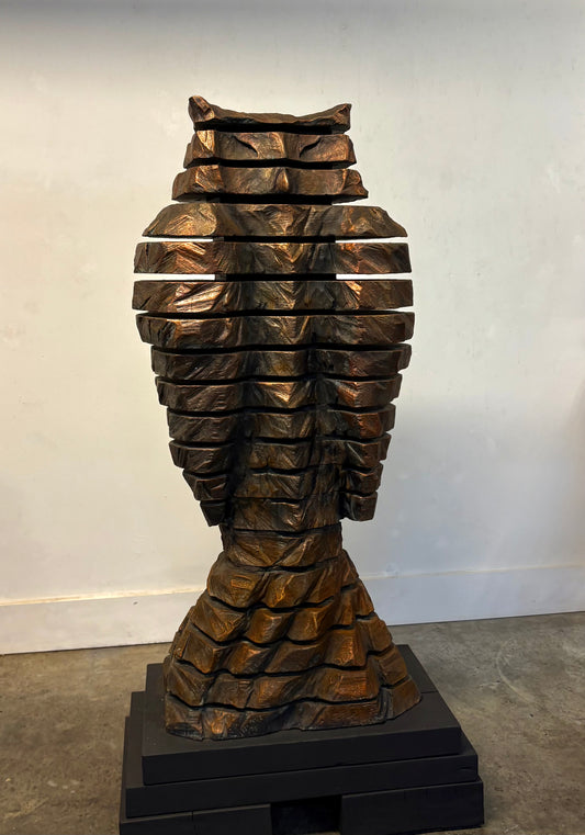 "INTERVALS OF STILLNESS" HAND CARVED WHITE PINE SCULPTURE WITH OXIDIZED IRON COATINGS