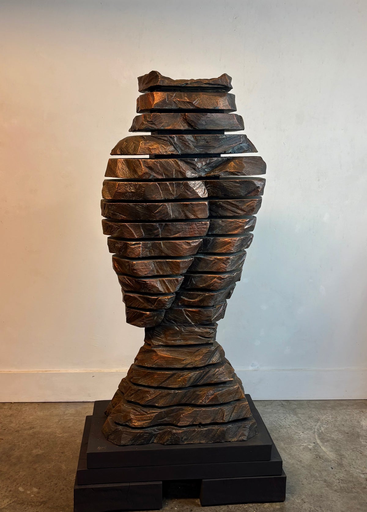 "INTERVALS OF STILLNESS" HAND CARVED WHITE PINE SCULPTURE WITH OXIDIZED IRON COATINGS