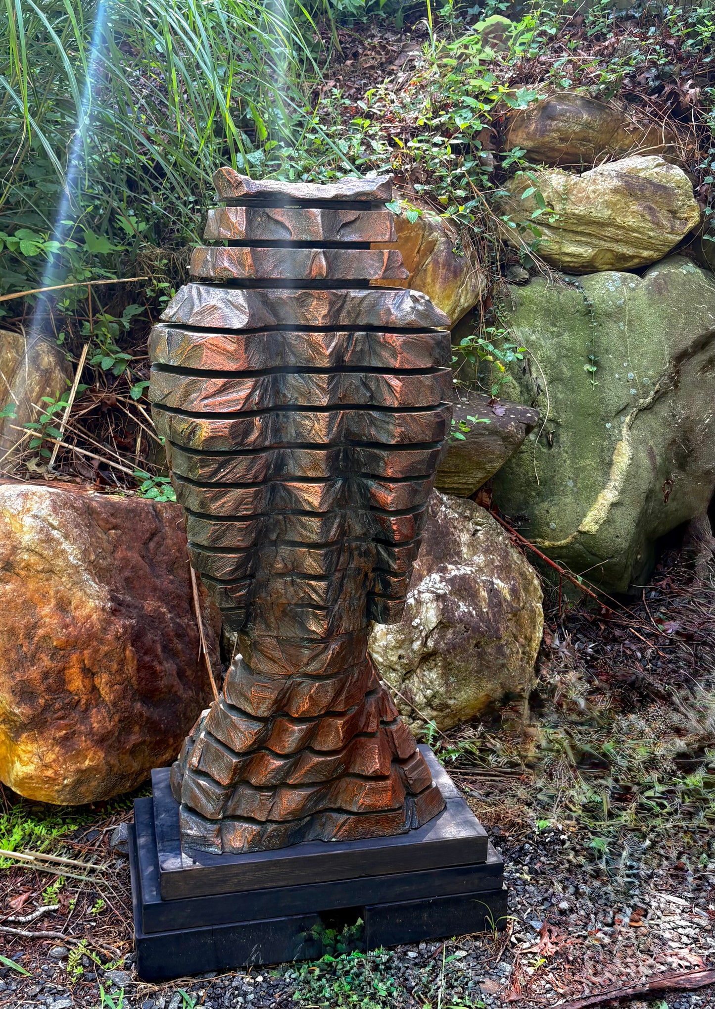 "INTERVALS OF STILLNESS" HAND CARVED WHITE PINE SCULPTURE WITH OXIDIZED IRON COATINGS