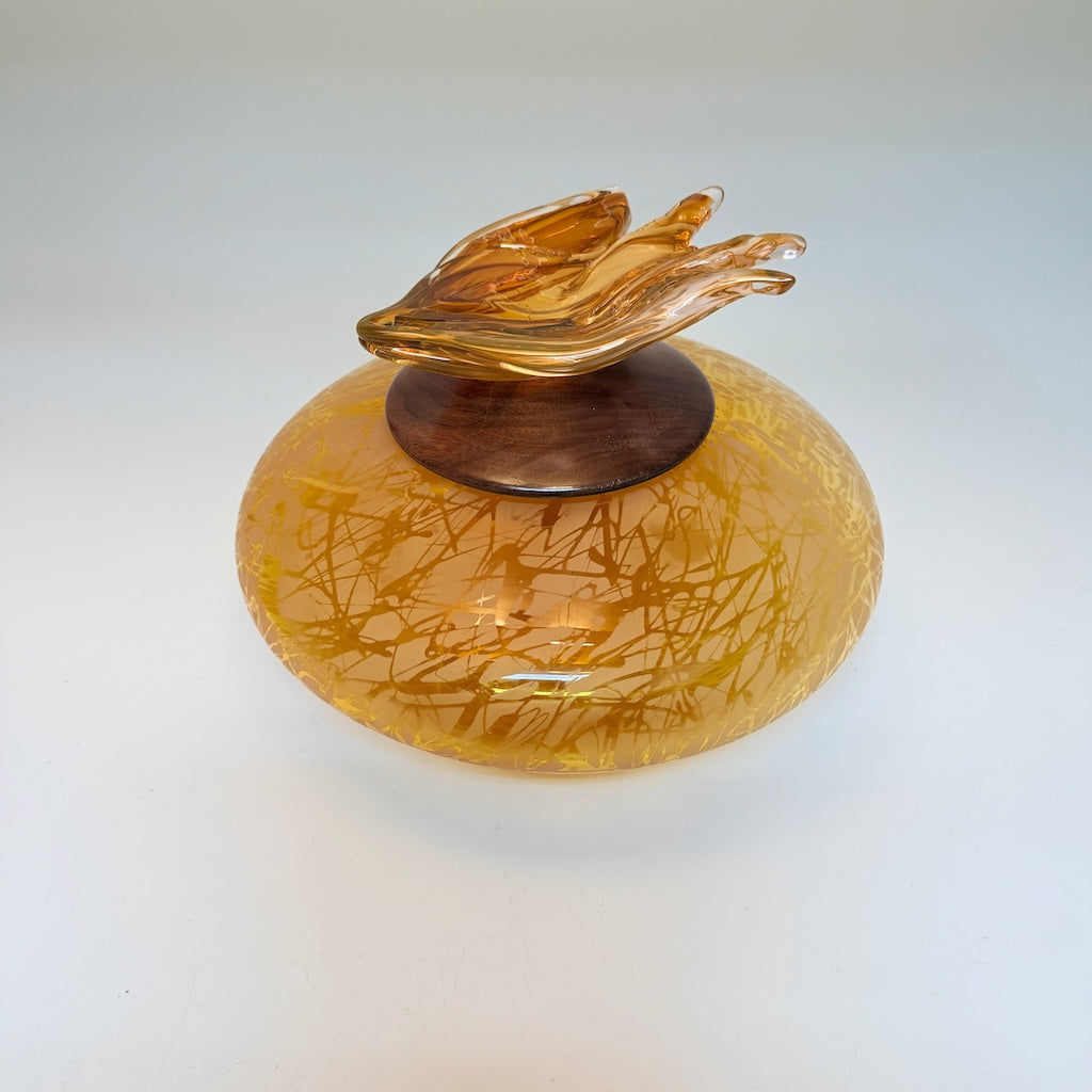 "BIRDS IN FLIGHT" AMBER BLOWN GLASS LIDDED VESSEL (Copy)