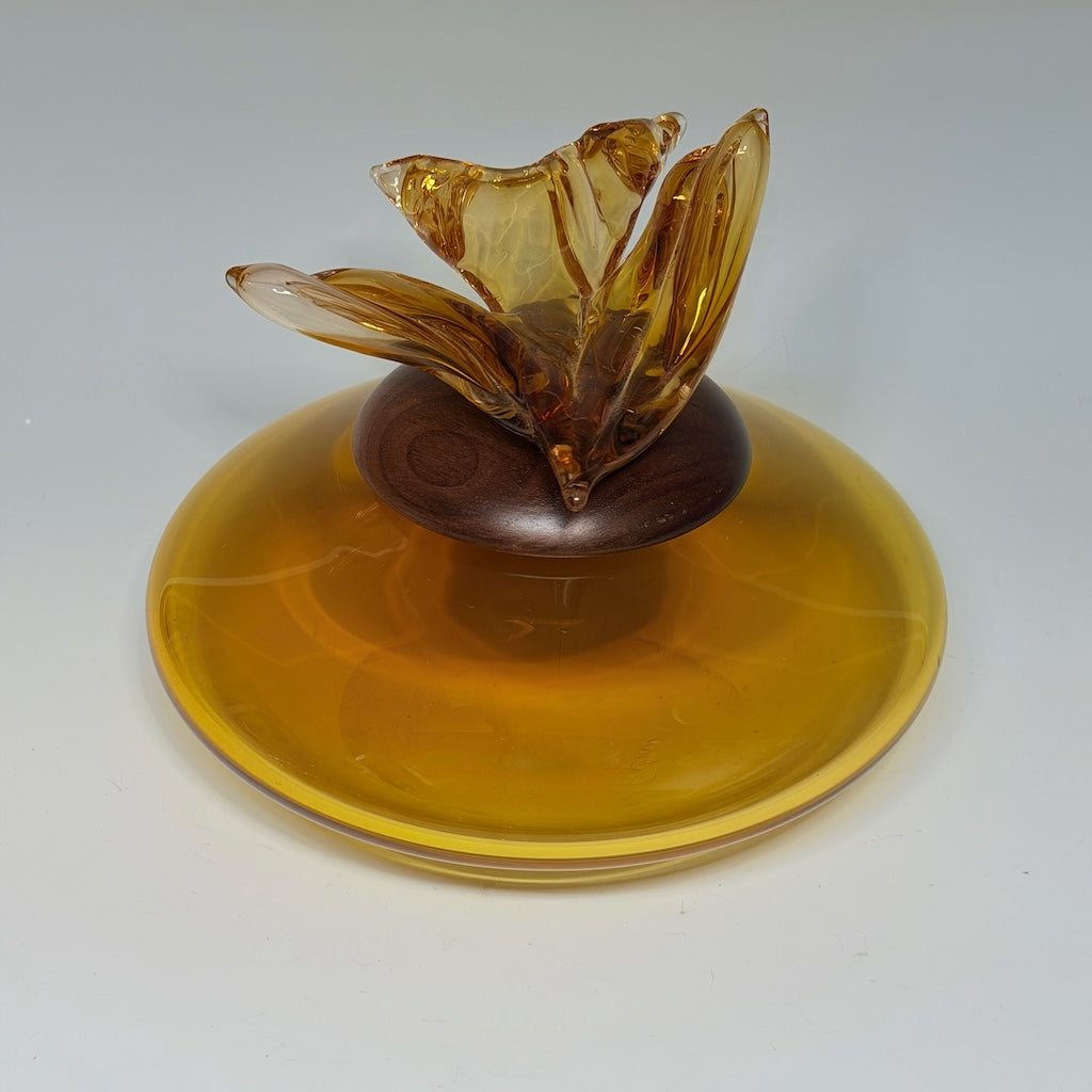 "BIRDS IN FLIGHT" AMBER BLOWN GLASS LIDDED VESSEL