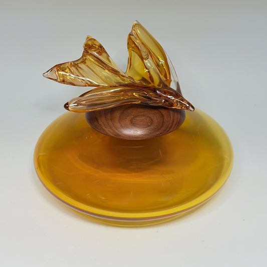 "BIRDS IN FLIGHT" AMBER BLOWN GLASS LIDDED VESSEL