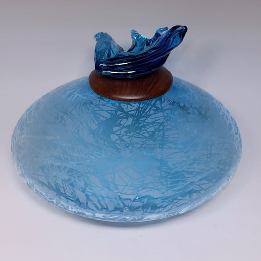 "BIRDS IN FLIGHT" BLUE BLOWN GLASS LIDDED VESSEL