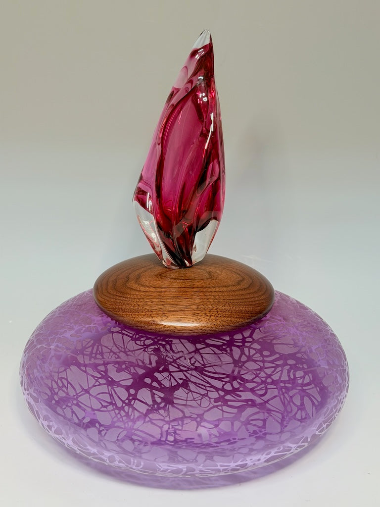 "THE FLAME OF WONDER" PINK BLOWN GLASS LIDDED VESSEL