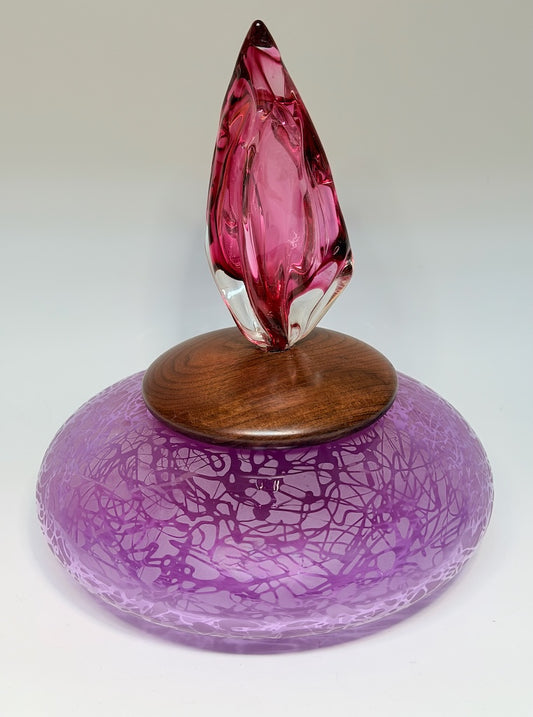 "THE FLAME OF WONDER" PINK BLOWN GLASS LIDDED VESSEL