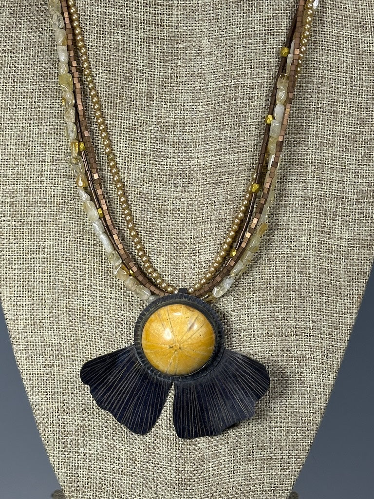 RESILIENCE COPPER GINKGO FOSSILIZED SAND DOLLAR ON MULTI STRAND BEADED CHAIN NECKLACE JH145