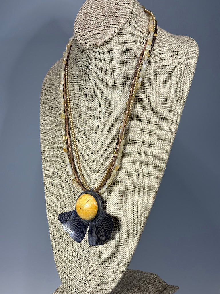 RESILIENCE COPPER GINKGO FOSSILIZED SAND DOLLAR ON MULTI STRAND BEADED CHAIN NECKLACE JH145