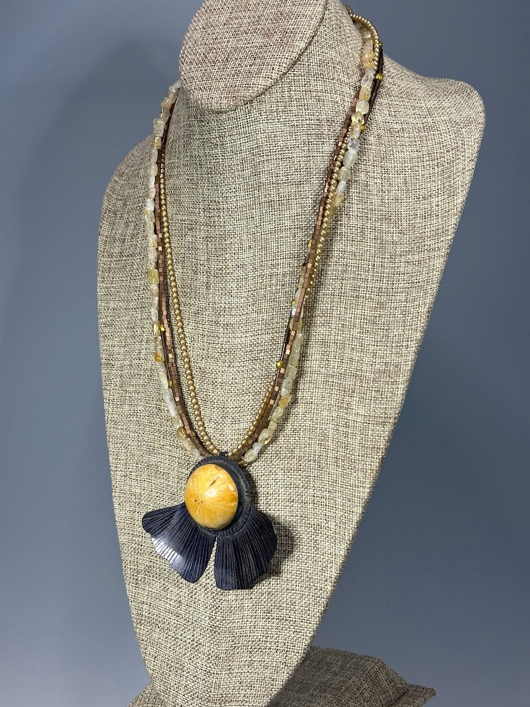 RESILIENCE COPPER GINKGO FOSSILIZED SAND DOLLAR ON MULTI STRAND BEADED CHAIN NECKLACE JH145