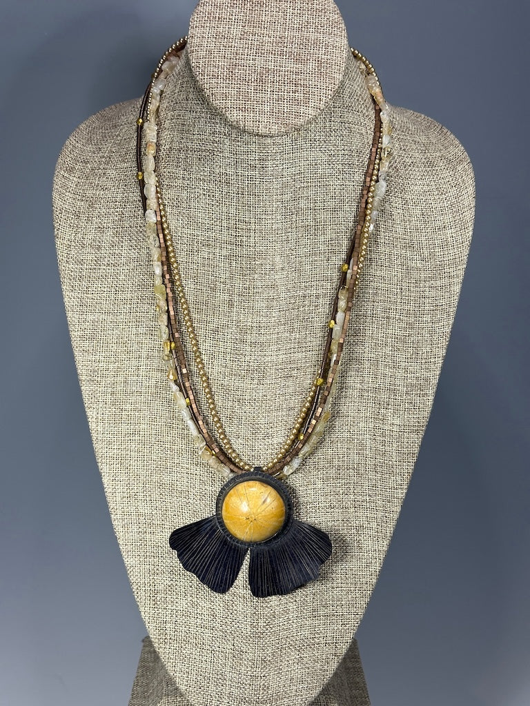 RESILIENCE COPPER GINKGO FOSSILIZED SAND DOLLAR ON MULTI STRAND BEADED CHAIN NECKLACE JH145