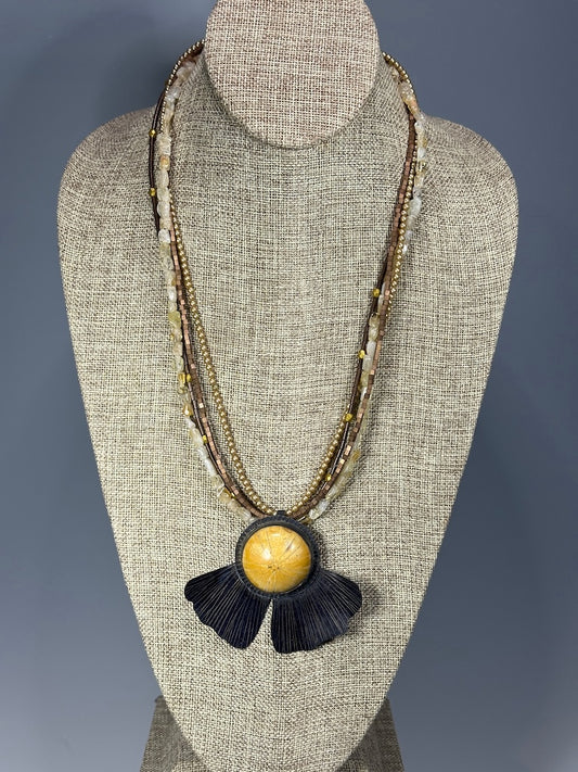 RESILIENCE COPPER GINKGO FOSSILIZED SAND DOLLAR ON MULTI STRAND BEADED CHAIN NECKLACE JH145