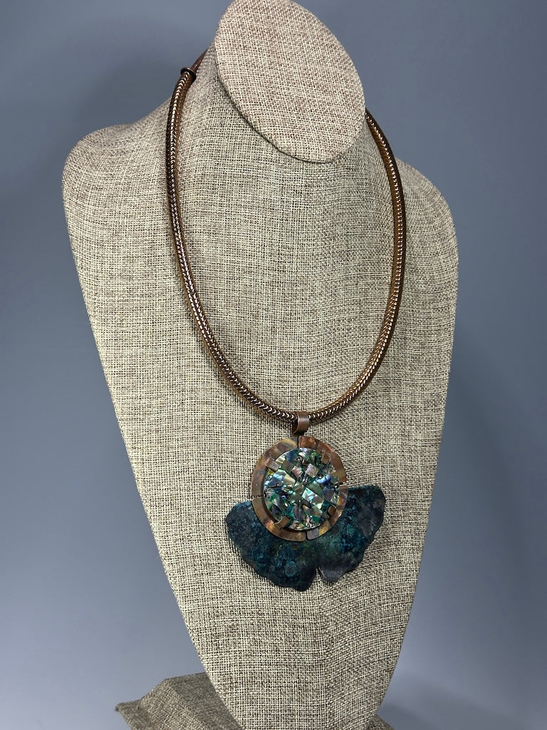 RESILIENCE COPPER VERDIGRIS GINKGO WITH FLAME COPPER MEDALLION & MOSAIC ABALONE SHELL ON COPPER CHEVRON BEAD CHAIN NECKLACE JH146