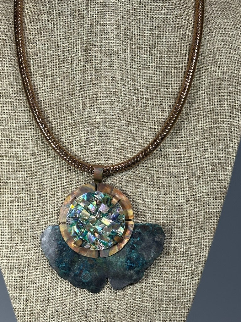 RESILIENCE COPPER VERDIGRIS GINKGO WITH FLAME COPPER MEDALLION & MOSAIC ABALONE SHELL ON COPPER CHEVRON BEAD CHAIN NECKLACE JH146