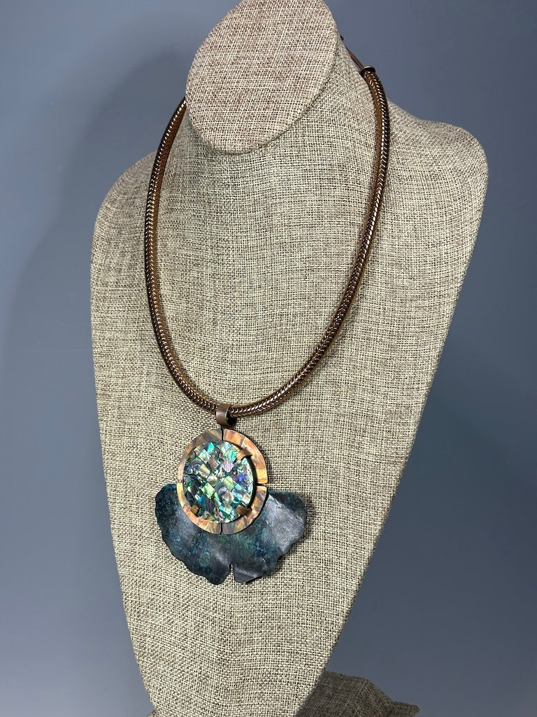 RESILIENCE COPPER VERDIGRIS GINKGO WITH FLAME COPPER MEDALLION & MOSAIC ABALONE SHELL ON COPPER CHEVRON BEAD CHAIN NECKLACE JH146