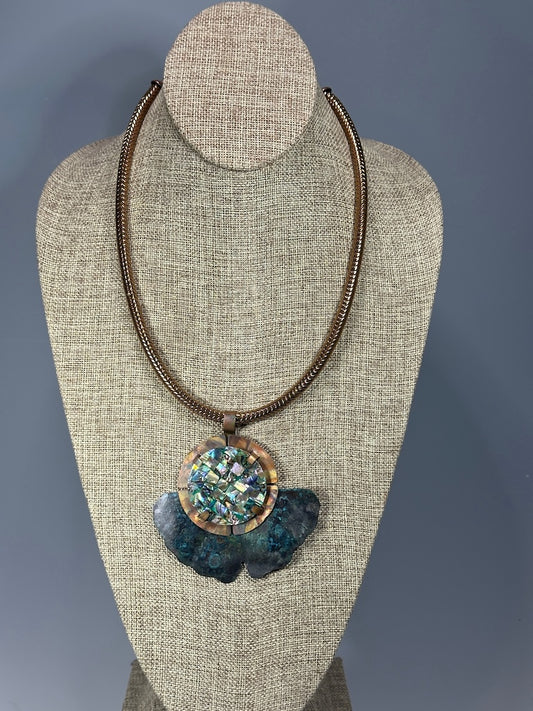 RESILIENCE COPPER VERDIGRIS GINKGO WITH FLAME COPPER MEDALLION & MOSAIC ABALONE SHELL ON COPPER CHEVRON BEAD CHAIN NECKLACE JH146