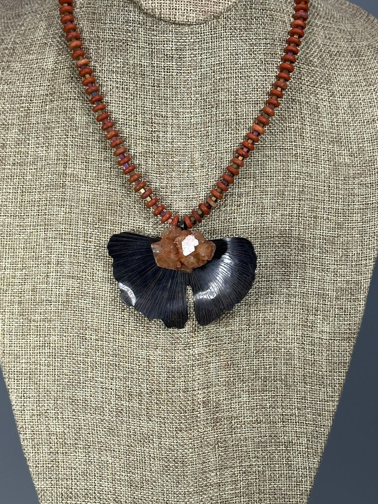 RESILIENCE COPPER GINKGO WITH ARAGONITE CLUSTER ON STRAND OF IRIDESCENT METAL CUBE BEADS AND MATTE RED JASPER WASHER BEADS NECKLACE JH147