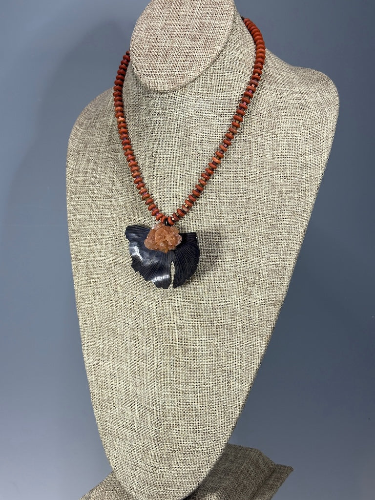 RESILIENCE COPPER GINKGO WITH ARAGONITE CLUSTER ON STRAND OF IRIDESCENT METAL CUBE BEADS AND MATTE RED JASPER WASHER BEADS NECKLACE JH147