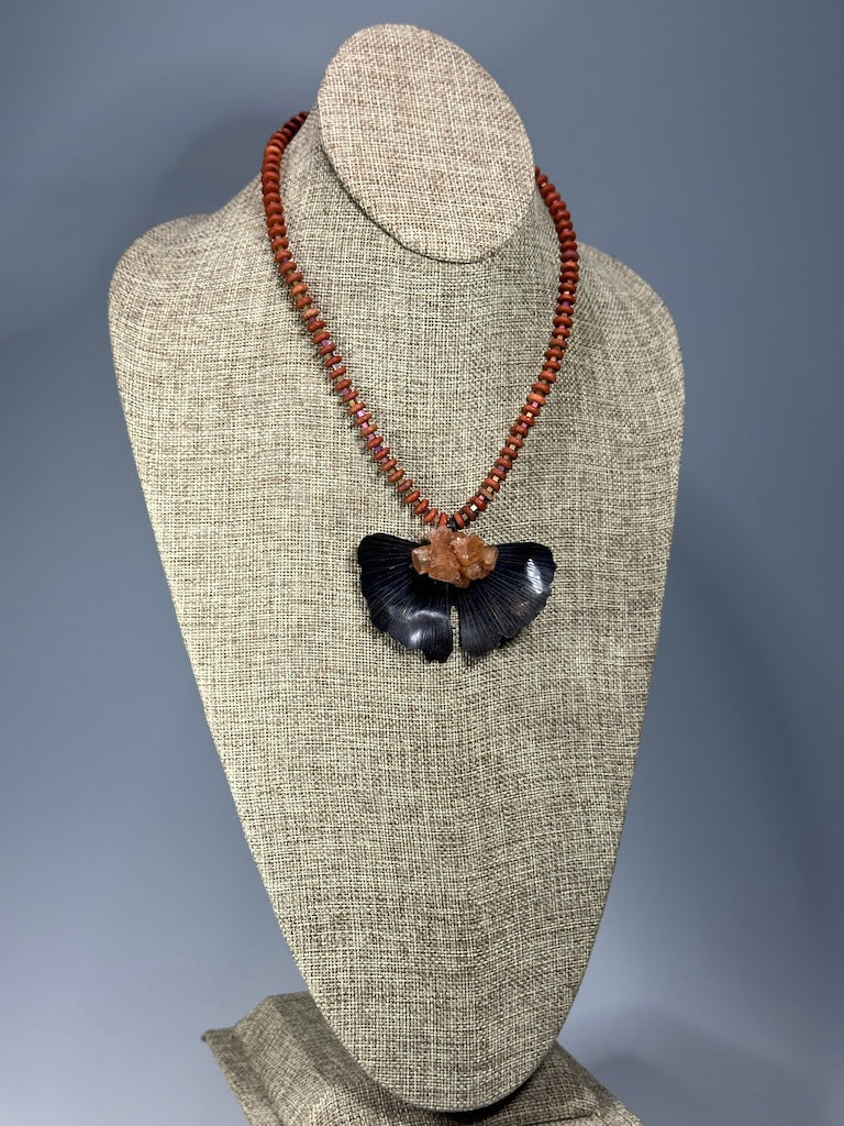 RESILIENCE COPPER GINKGO WITH ARAGONITE CLUSTER ON STRAND OF IRIDESCENT METAL CUBE BEADS AND MATTE RED JASPER WASHER BEADS NECKLACE JH147