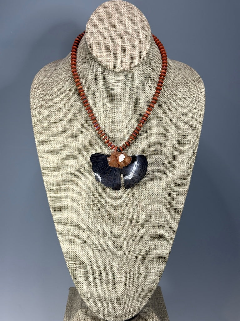 RESILIENCE COPPER GINKGO WITH ARAGONITE CLUSTER ON STRAND OF IRIDESCENT METAL CUBE BEADS AND MATTE RED JASPER WASHER BEADS NECKLACE JH147