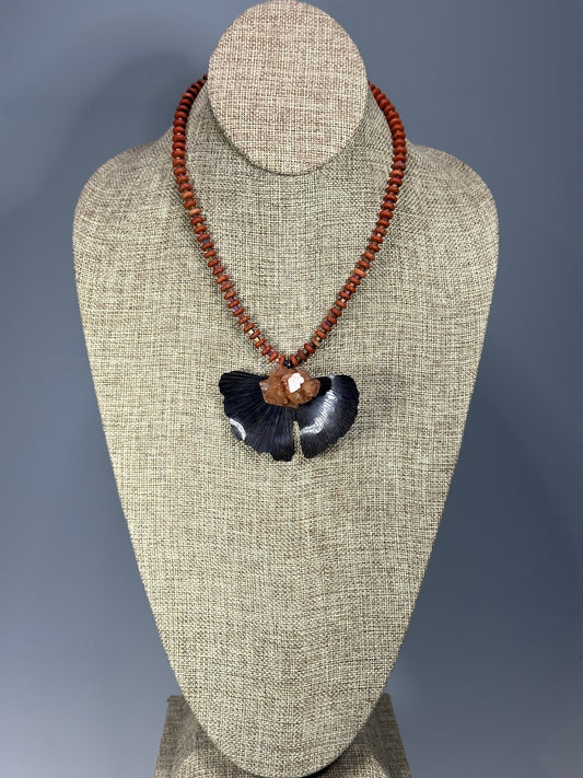RESILIENCE COPPER GINKGO WITH ARAGONITE CLUSTER ON STRAND OF IRIDESCENT METAL CUBE BEADS AND MATTE RED JASPER WASHER BEADS NECKLACE JH147