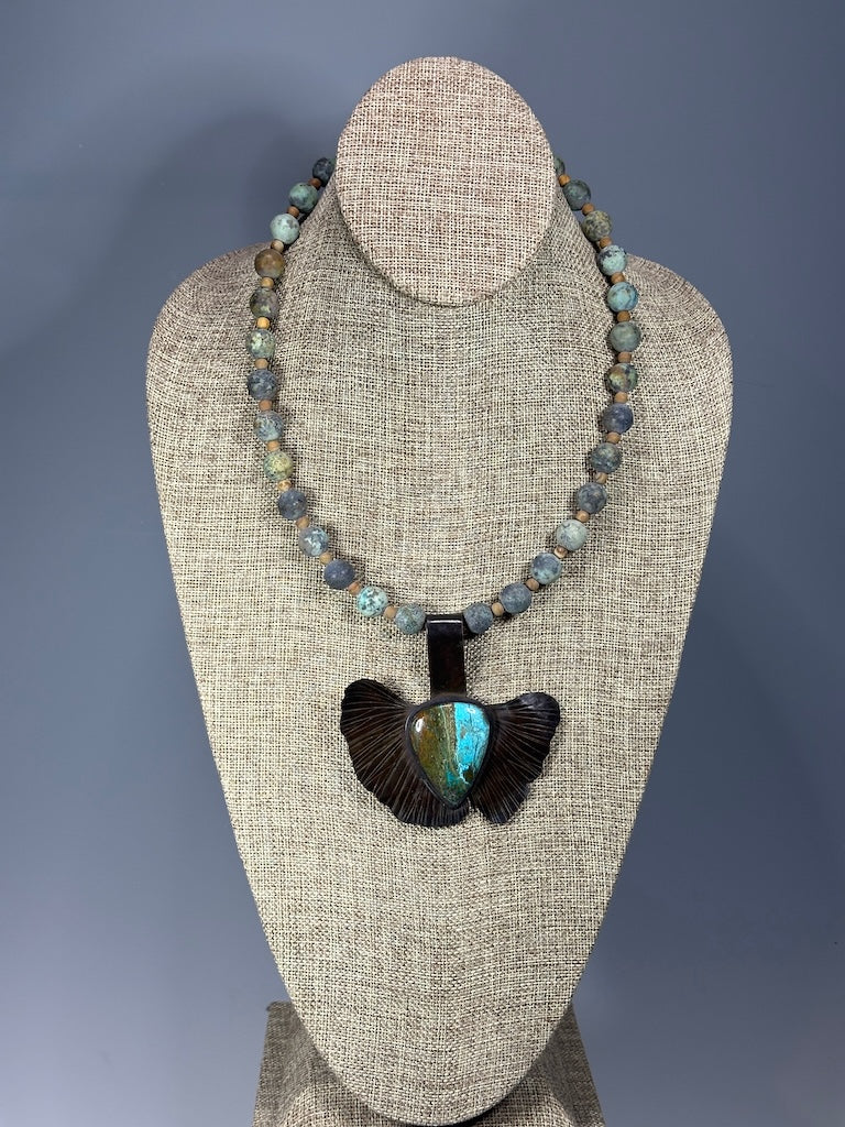 RESILIENCE COPPER GINKGO WITH AZURITE SHATTUCKITE TEAR SHAPED CABOCHON, AFRICAN TURQUOISE AND MATTE WOOD GRAIN JASPER BEAD NECKLACE JH148