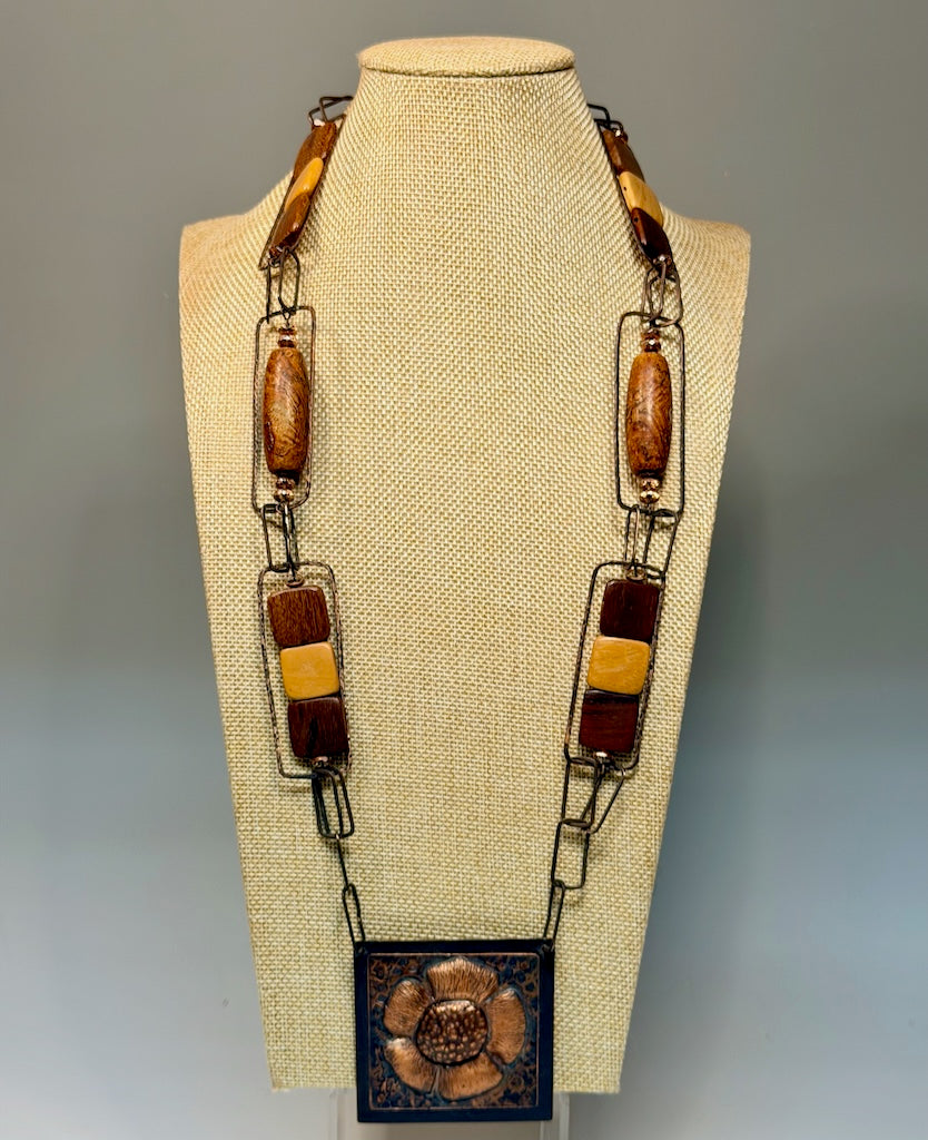 ARTS AND CRAFTS INSPIRED REPOUSSE/CHASING COPPER FLOWER MEDALLION NECKLACE JH155