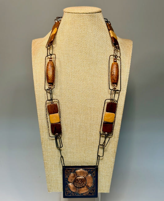 ARTS AND CRAFTS INSPIRED REPOUSSE/CHASING COPPER FLOWER MEDALLION NECKLACE JH155