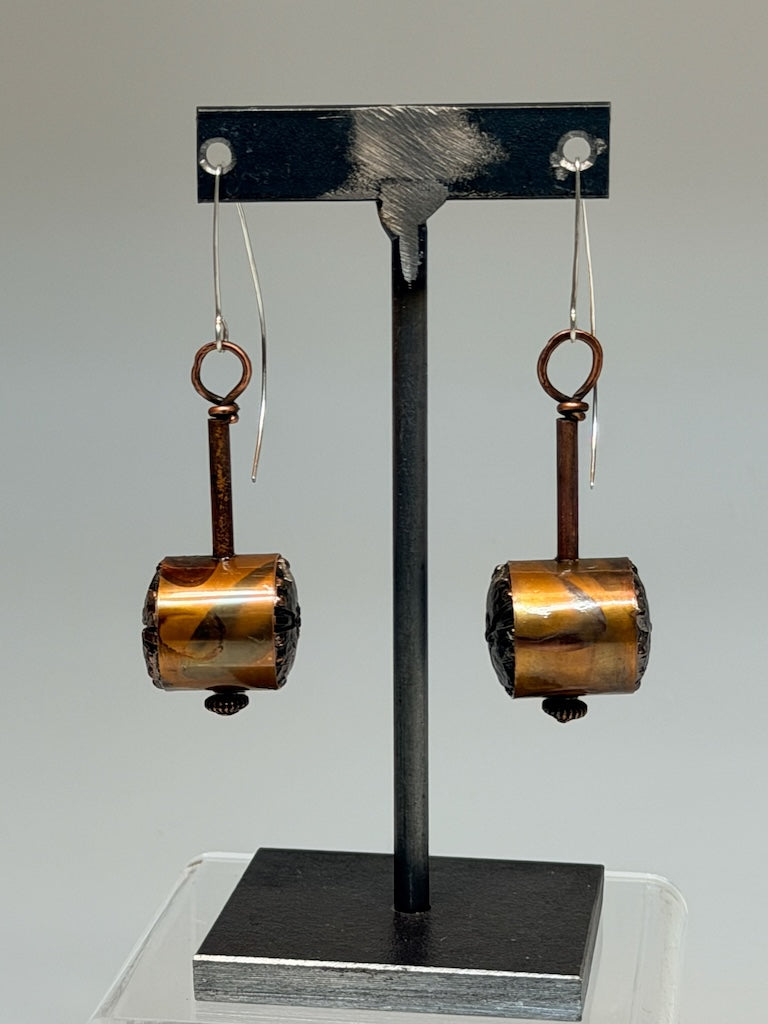 ARTS AND CRAFTS INSPIRED FLAME PATINA COPPER BUTTON EARRINGS JH157