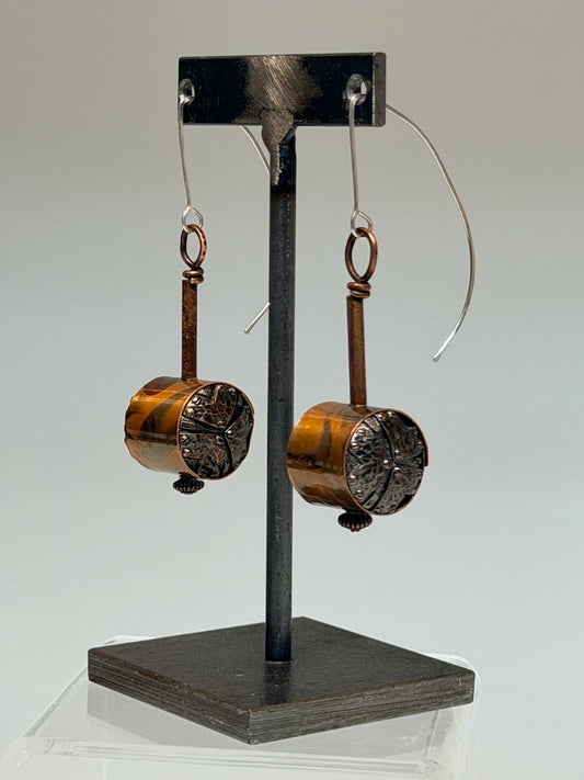 ARTS AND CRAFTS INSPIRED FLAME PATINA COPPER BUTTON EARRINGS JH157