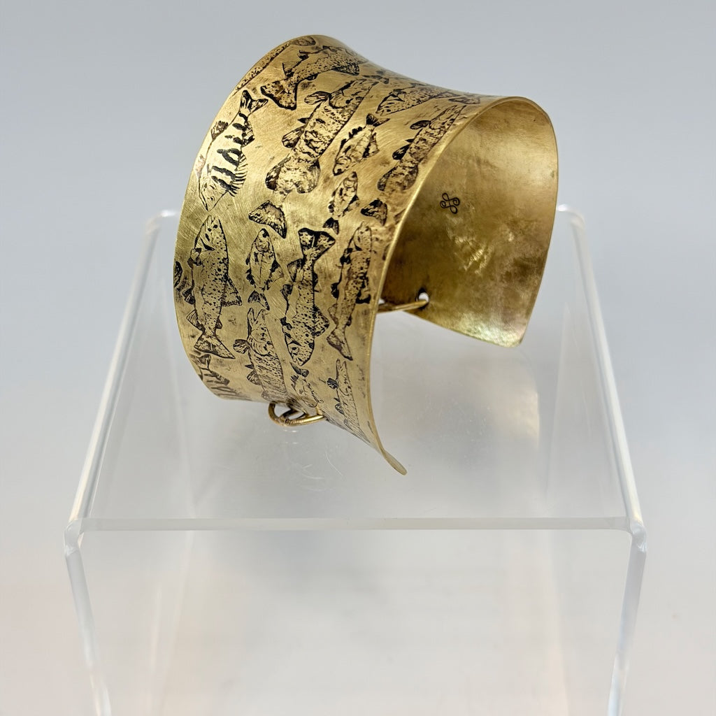 FISH DESIGN PATINA BRASS CUFF WITH BRASS LINK CLASP JH160