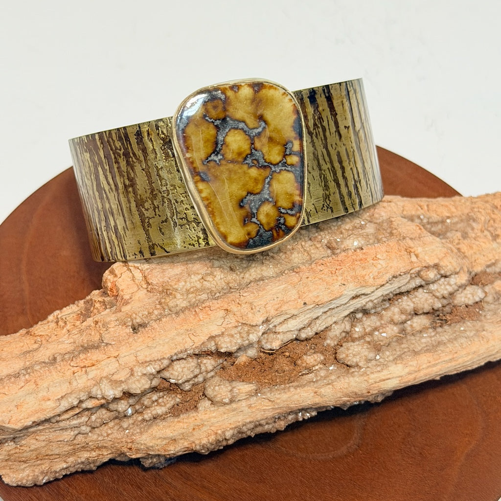 FLAT BRASS CUFF WITH BARK TEXTURE & VINTAGE RAKU POTTERY CABOCHON JH164
