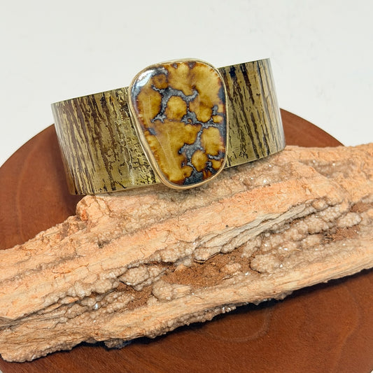 FLAT BRASS CUFF WITH BARK TEXTURE & VINTAGE RAKU POTTERY CABOCHON JH164
