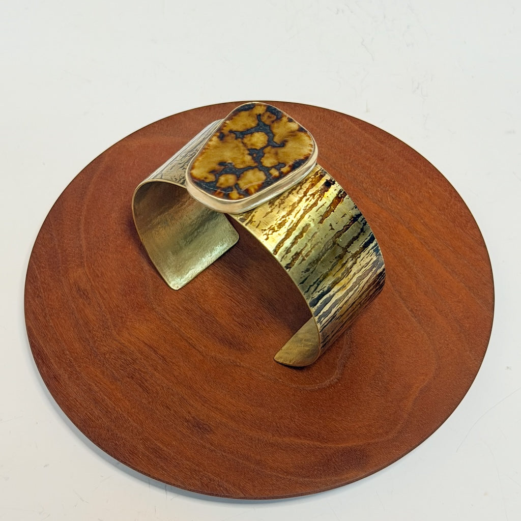 FLAT BRASS CUFF WITH BARK TEXTURE & VINTAGE RAKU POTTERY CABOCHON JH164