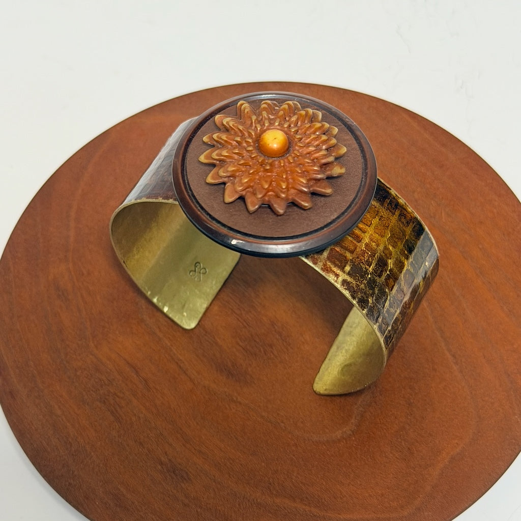 FLAT BRASS CUFF WITH ASYMMETRICAL TEXTURE & VINTAGE BAKELITE & CELLULOID BUTTON JH166