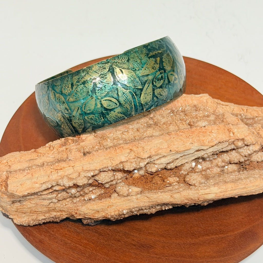 SYNCLASSIC BRASS CUFF WITH SEASHELL TEXTURE IN BLUE-GREEN PATINA JH165