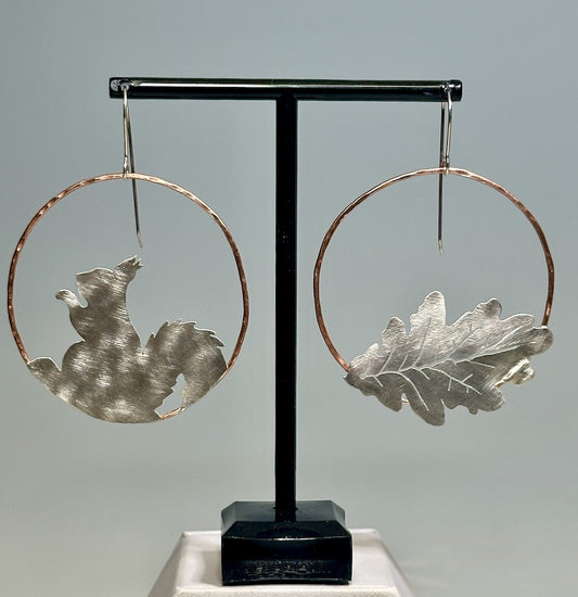 "SQUIRREL AND OAK LEAF IN THE ROUND" COPPER ARTS AND CRAFT INSPIRED HOOP EARRINGS LJH117