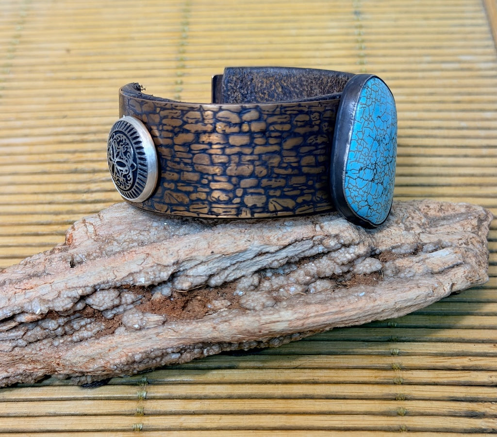 ARTS & CRAFTS CUFF IN TEXTURED COPPER WITH USA-MINED TURQUOISE & VINTAGE BUTTON ACCENTS JH170