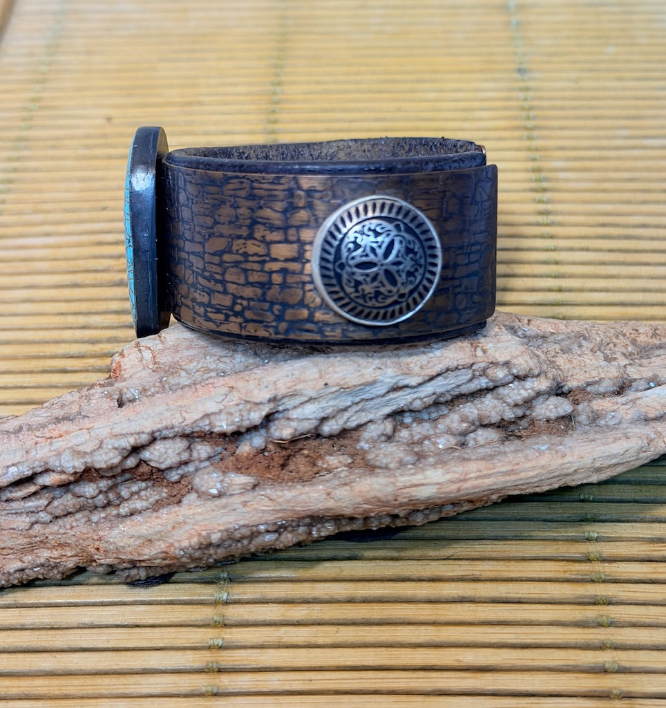 ARTS & CRAFTS CUFF IN TEXTURED COPPER WITH USA-MINED TURQUOISE & VINTAGE BUTTON ACCENTS JH170