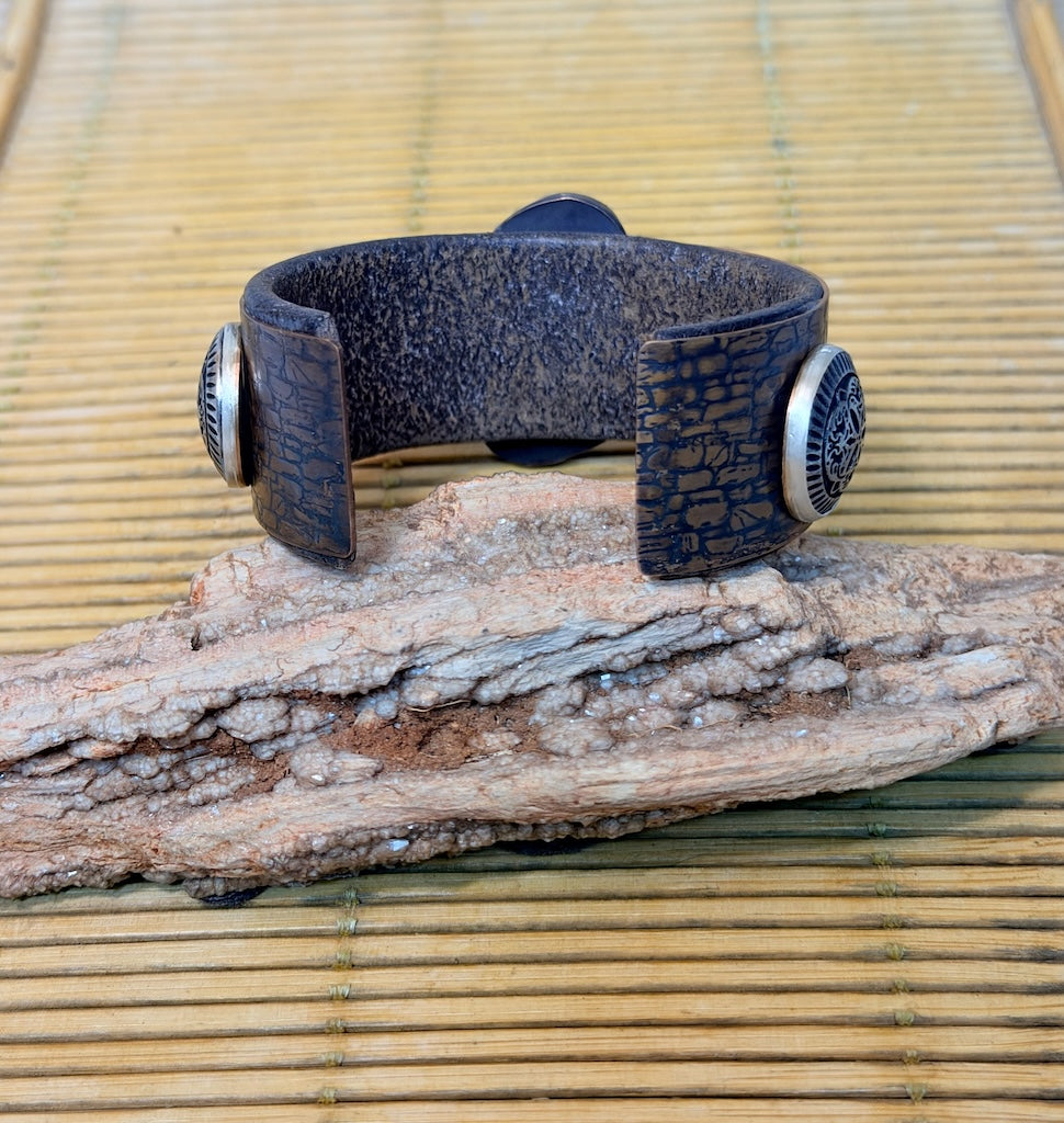 ARTS & CRAFTS CUFF IN TEXTURED COPPER WITH USA-MINED TURQUOISE & VINTAGE BUTTON ACCENTS JH170
