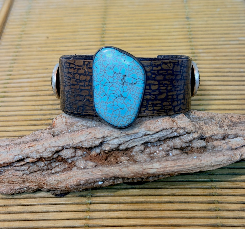 ARTS & CRAFTS CUFF IN TEXTURED COPPER WITH USA-MINED TURQUOISE & VINTAGE BUTTON ACCENTS JH170