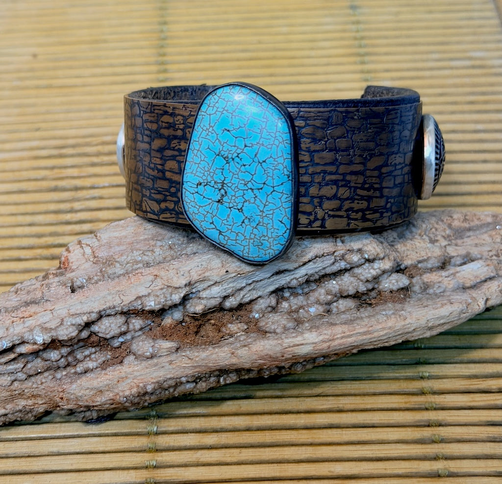 ARTS & CRAFTS CUFF IN TEXTURED COPPER WITH USA-MINED TURQUOISE & VINTAGE BUTTON ACCENTS JH170