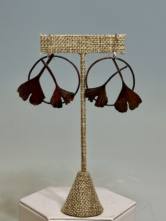 DOUBLE CROSSED GINKO COPPER RESILIENCE EARRINGS WITH STERLING SILVER WIRES JH29