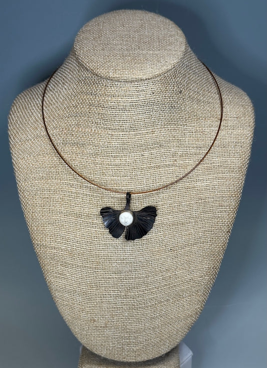 RESILIENCE CHOKER NECKLACE WITH COPPER GINGKO LEAF AND WATER BUFFALO BONE MOON FACE JH41