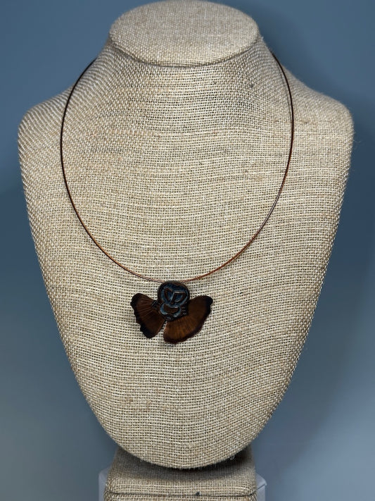 RESILIENCE CHOKER NECKLACE WITH COPPER GINGKO LEAF AND OWL MEDALLION JH42