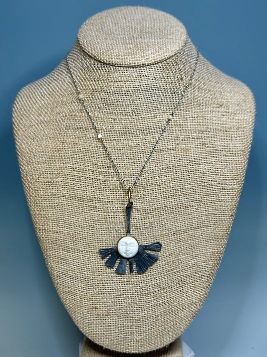 RESILIENCE CHOKER NECKLACE WITH COPPER GINGKO LEAF AND WATER BUFFALO BONE MOON FACE CABACHON JH46